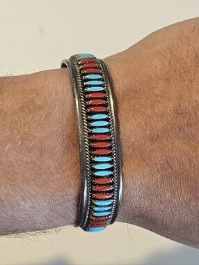 Vintage Zuni Petit Point Turquoise Coral Inlay Sterling Silver Cuff Bracelet